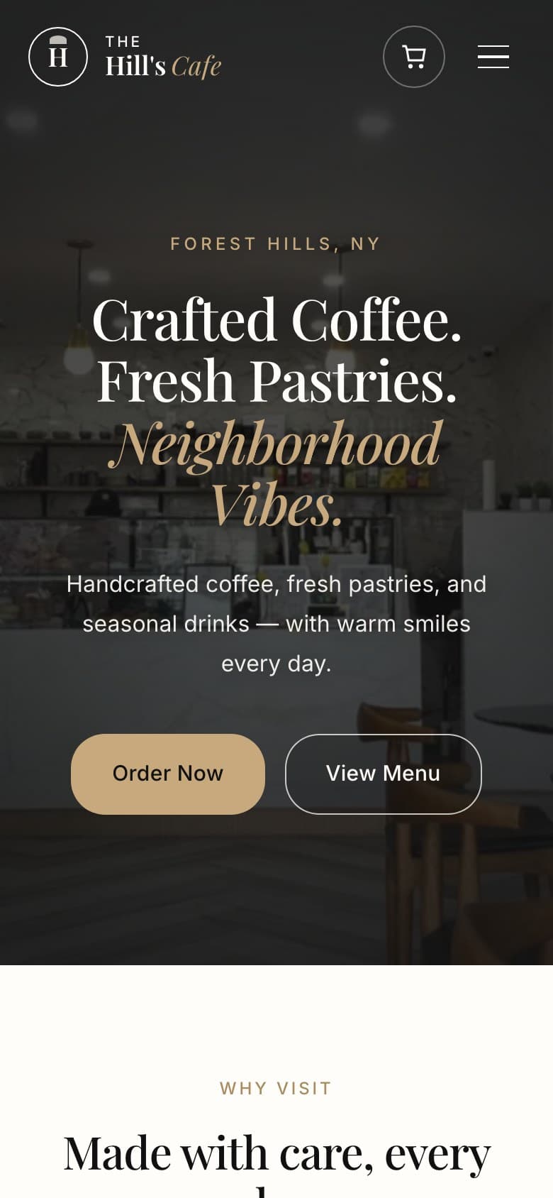 The Hill's Cafe mobile homepage